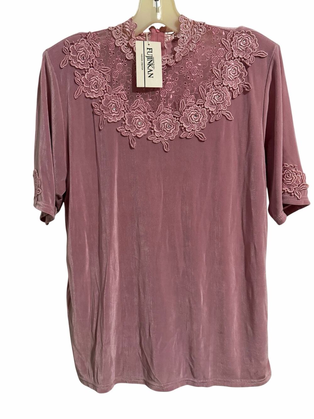 Vintage Fujinkan Embroidered Floral Mock Neck Top Mauve Pink Lightweight